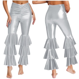 Pantalon évasé métallisé pour femme, taille haute, à volants superposés, effet liquide, pour festivals, soirées et spectacles sur scène - Product Image 3