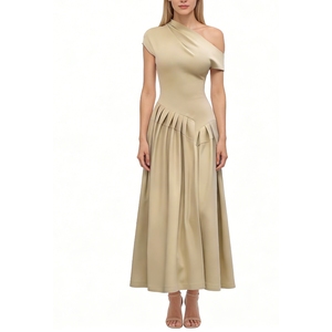 เดรสยาวคอไม่สมมาตรสำหรับผู้หญิง กระโปรงจีบแบบไม่มีแขน สไตล์มินิมอลทันสมัย ชุดเดรสแฟชั่น - Product Image 4