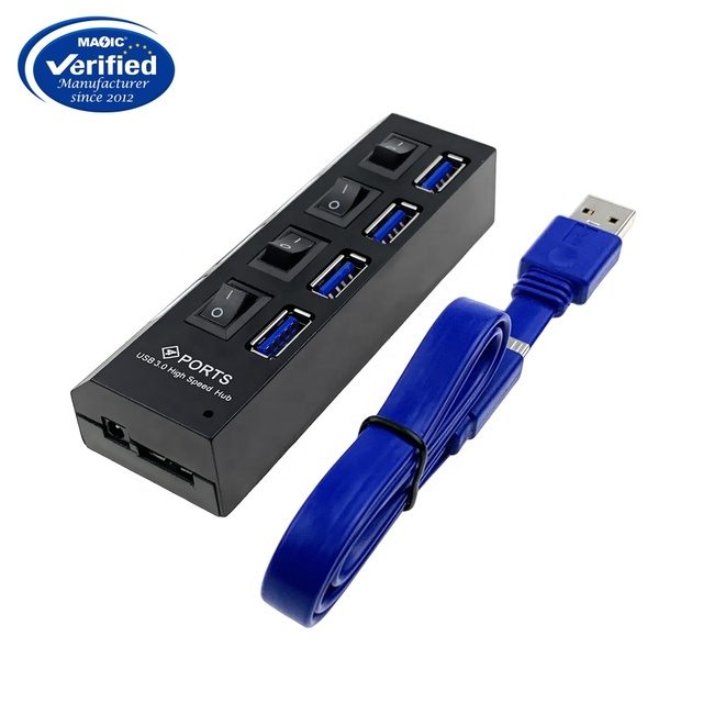 4 Port Usb 3.0 Hub PC USB Hub 3.0 4 Ports Powered Usb Hubs with Power Supply Port LED Light Switch