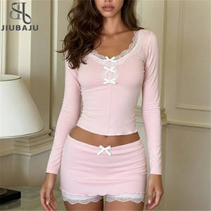 طقم نسائي من قطعتين بتصميم Y2K: بلوزة ملونة بتطريز دانتيل وفيونكة مع تنورة ضيقة وشورت، ملابس كاجوال للشارع - Product Image 1