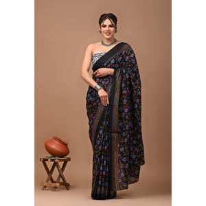 Sari de Algodón Mulmul Estampado con Blusa a Juego, Sari de Algodón Mulmul Ligero y Elegante - Cómodo para Uso Diario - Product Image 4