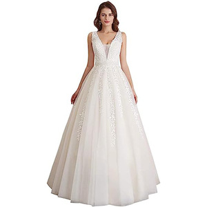 V Neck Ball Gown Wedding Dress White Empire Waist Backless Bridal Dress Princess Style Church Wedding Dress - Product Image 1