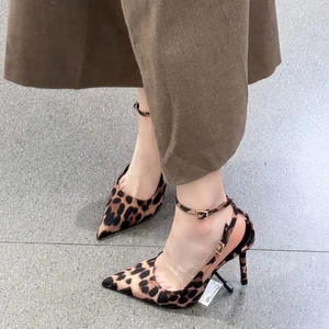2025 Summer Leopard Print Women's Retro Open Back Pointed Toe Shallow High <b>Heel</b> Cork Sexy Closed Toe Design - Product Image 2