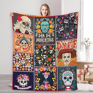 Manta con estampado de calavera de azúcar del Día de los Muertos, diseño rectangular para festivales, decoración del hogar, poliéster y algodón, lavable a máquina - Product Image 1