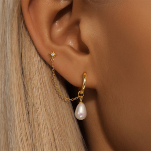 CANNER Boucles d'oreilles créoles classiques en argent 925 avec perles, manchette d'oreille, chaîne à pampilles et clous d'oreilles étoile - Product Image 4