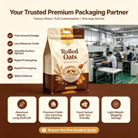 Sachet refermable à fond plat avec fermeture éclair, en aluminium haute barrière, scellé sur huit côtés, pour l'emballage de céréales, de noix et de snacks