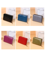 Grosir wanita 9 Slot kartu ID tempat kartu kecil warna Solid dompet PU kulit buaya ritsleting dompet koin Mini