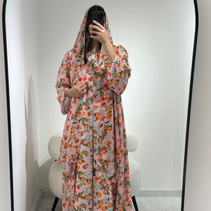 Vestido Largo Modesto con Estampado Naranja Personalizado Leduo, Abaya con Puños Fruncidos para Mujeres Musulmanas - Product Image 1