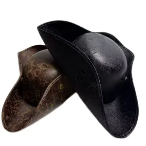 Cappello da Pirata HLC Personalizzato con Bordo Dorato per Halloween, Cappello Tricorno in Pelle dei Caraibi, Decorazione per Feste e Carnevale - Product Image 3