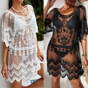 Beach Dress Bathing Suit Cover up Crochet Pool Swim Lace Women's White 100% Polyester Adults One-piece Swimsuit Support One Size