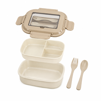 Boîte à lunch en plastique OEM en gros à 3 compartiments avec couvercle à quatre côtés détachable et couverts pour l'école, le bureau et les pique-niques