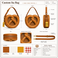 Sac à bandoulière personnalisé style Pretzel, sac Ita, avec fenêtre transparente ronde en PVC pour affichage, doublure Deli Check, breloque pochette moutarde, sac souple style NY