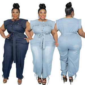 Combinaison en jean bleu sans manches pour femme, salopette une pièce en jean bleu, grande taille, vêtement d'été, - Product Image 1