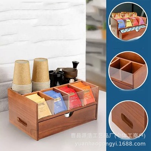 Wooden Double Layered Compartmentalized Desk Organizer With <b>Drawer</b> For Tea Coffee <b>Storage</b> Rectangle Solid Color Office Organizer - Product Image 4