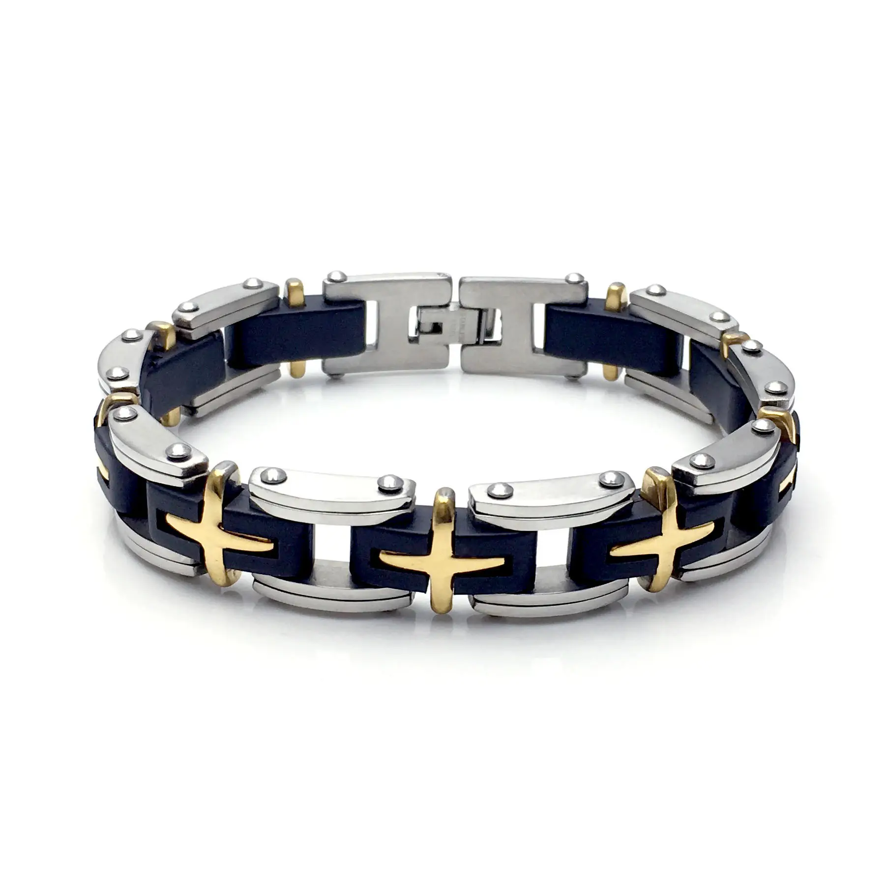 Religioso di alta qualità 316L in acciaio inox gomma nera Silicone oro argento croce moda gioielli braccialetto braccialetto uomo