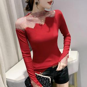 Maglietta a Collo Alto con Strass, Top da <span class=keywords><strong>Donna</strong></span> a Maniche Lunghe in Cotone, Disponibile in Magazzino - Product Image 1