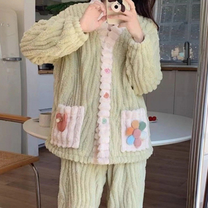 Conjunto de Pijamas de Invierno para Mujer 2024, Franela Gruesa y Terciopelo Coral, Ropa de Dormir con Cierre Elástico en la Cintura para Otoño y Primavera - Product Image 1