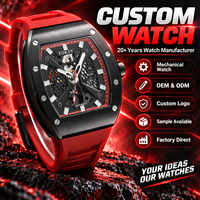 Montres mécaniques automatiques pour hommes avec bracelet en silicone de luxe, boîtier tonneau et cadran squelette, personnalisables
