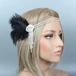 1920s Flapper Headband Great Rhinestone Diamond Headpiece Gatsby with Peacock Feather Jewel Hair Accessories