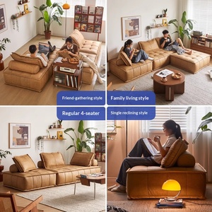 Sofá Modular de Cuero Genuino Estilo Vintage Italiano Minimalista para Sala de Estar de Mediados de Siglo - Product Image 3
