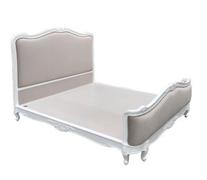 Cama de Madera Maciza Tallada Blanca de Estilo Francés de Lujo con Cabecera Tapizada en Terciopelo, Muebles Clásicos para Dormitorio Real - Product Image 1