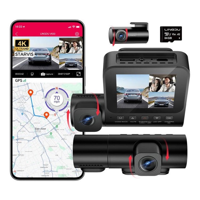 4K GPS Wifi Dash Cam LINGDU V630 Dash Cam 3 Channel 4K+1080P+1080P Dash Cam