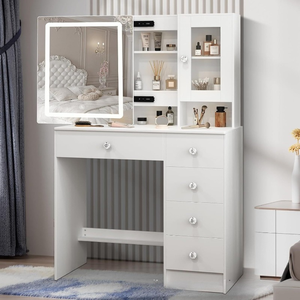 Coiffeuse avec 3 modes de changement de couleur de miroir de maquillage é<span class=keywords><strong>clair</strong></span>é et rangement Luminosité réglable Miroir de maquillage à LED <span class=keywords><strong>Commode</strong></span> - Product Image 3