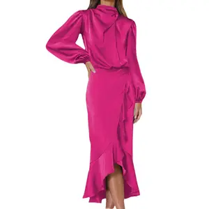 Fishtail Skirt Satin Long Sleeve Gown For Parti Elegant Women's Long Formal Party Dress Burgundy Dress Silk Nightdress