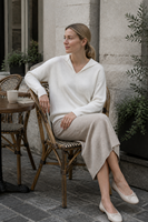 Pull en coton uni à col polo pour femme, ample, à manches longues, en tricot, avec fente latérale, pour un usage quotidien