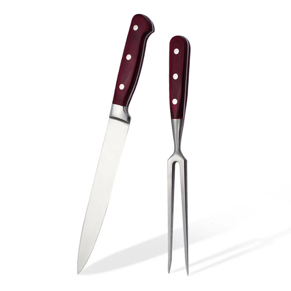 Turkey fork 2 pcs 8'' carving knife and 6'' meat fork kitchen knife set cutting knife with pakka wood handle and gift box