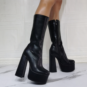 Black Women Round Toe Chunky Heels Under the Knee <b>Boots</b> With Zipper High Platform Women Summer Dress Half Knee High <b>Boots</b> Pumps - Product Image 3