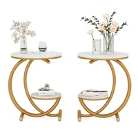 Table d'appoint en bois à deux niveaux en forme de C avec plateau en faux marbre et pieds en acier inoxydable, table ronde à vendre