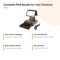 Ensemble de point de vente à double écran avec tiroir-caisse, clavier, lecteur de codes-barres, écran tactile tout-en-un de 15,6 pouces, imprimante 58 mm
