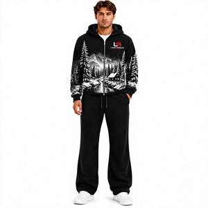 Survêtement à capuche pour homme, manches longues, sweat-shirt décontracté d'hiver, pantalon de jogging, fermeture à cordon, uni, 100% coton, léger, noir - Product Image 1