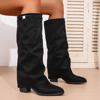 Bottes hautes froncées pour femmes en daim et PU, à bout pointu, talon carré, pour mollets larges, style western, avec logo personnalisé OEM ODM