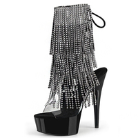Bottines courtes sexy à talon très haut de 15 cm (6 pouces) pour boîte de nuit, avec strass et pompons, pour mannequin, danse sur barre, vêtements féminins, bout ouvert
