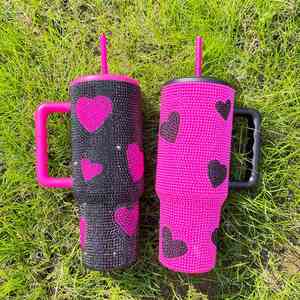 Custom logo 40oz Rhinestone Shiny Heart Travel Coffee <b>Mug</b> Hot pink Black Diamond Bling Stainless Steel <b>Double</b> <b>Wall</b> Tumbler Cup - Product Image 2