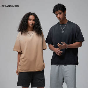 เสื้อยืด250GSM สำหรับผู้ชายเสื้อโอเวอร์ไซส์เปิดไหล่ผ้าฝ้าย100% ฟอกสีกรด - Product Image 3