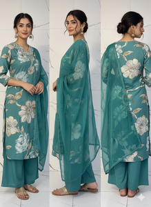 Nouvel ensemble ethnique en rayonne 3 pièces pour femmes - Magnifique travail manuel, vêtements de fête, matériaux recyclés - Product Image 3