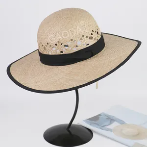 D D סיטונאי זול פשוט סומבררו אלגנטי סרוג ביד רפיה קש כובע שטוח עם שוליים גדולים לנשים