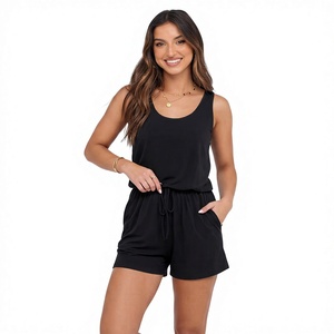 Combinaison noire sans manches en tricot pour femme, col rond, coupe ample avec poches, tenue décontractée printemps-été, fabriquée au Bangladesh - Product Image 1