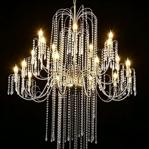 Lustre suspendu élégant en métal argenté avec bougies en cristal pour la décoration de lieux de mariage et d'événements festifs à louer - Product Image 6