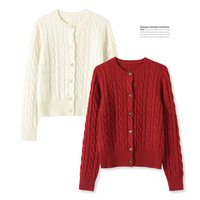 Pull en laine de mouton tricoté vintage pour femme, style bohème, col boutonné, maille plate, manches longues, motif torsadé floral, automne-hiver