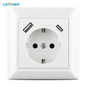 工厂批发价定制欧盟德国标准Schuko 250V 16A壁式插座USB A USB C型5V 3.4A快速充电