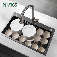 Évier de cuisine multifonctionnel Nisko 304 en acier inoxydable noir ou argenté, fait main, avec cascade intégrée