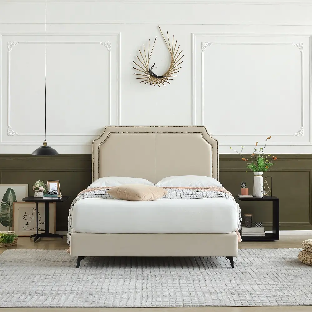Grosir smart elegan kepala tempat tidur kain beige disesuaikan kayu double bed dengan headboard Harga furnitur