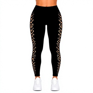 Leggings extensibles noirs taille haute pour femmes avec détails en maille découpée sur le côté – Pantalon de sport tendance pleine longueur - Product Image 1