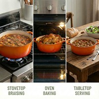 Panci Oven Belanda E-Top dari Besi Cor dengan Lapisan Enamel Oranye, Pegangan Ganda dan Tutup, Hemat Tempat, Menjaga Panas, Peralatan Dapur, Panci Masak