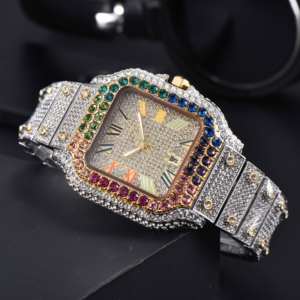 Nouveautés : Montre classique hip-hop de créateur avec cadran coloré et diamants, montre à quartz unique entièrement sertie de diamants - Product Image 4