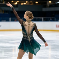 Robe de patinage artistique vert foncé à col montant et manches longues, ornée de strass et de mailles, pour la compétition et les spectacles des adultes et des enfants